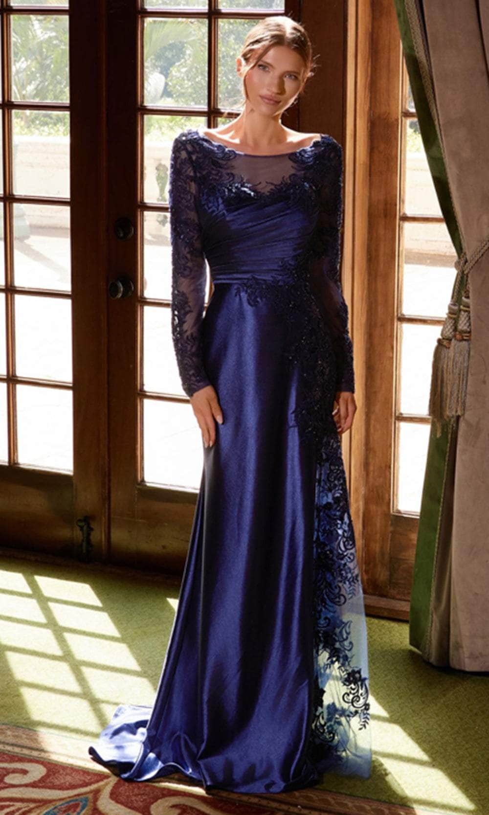Nox Anabel ME123 - Long Stretch Satin Sheath Dress - Lace embroidery, sheer sleeves, fitted bodice, floor-length Couture Candy Nox Anabel ME123 - Long Stretch Satin Sheath Dress - Lace embroidery, sheer sleeves, fitted bodice, floor-length Couture Candy