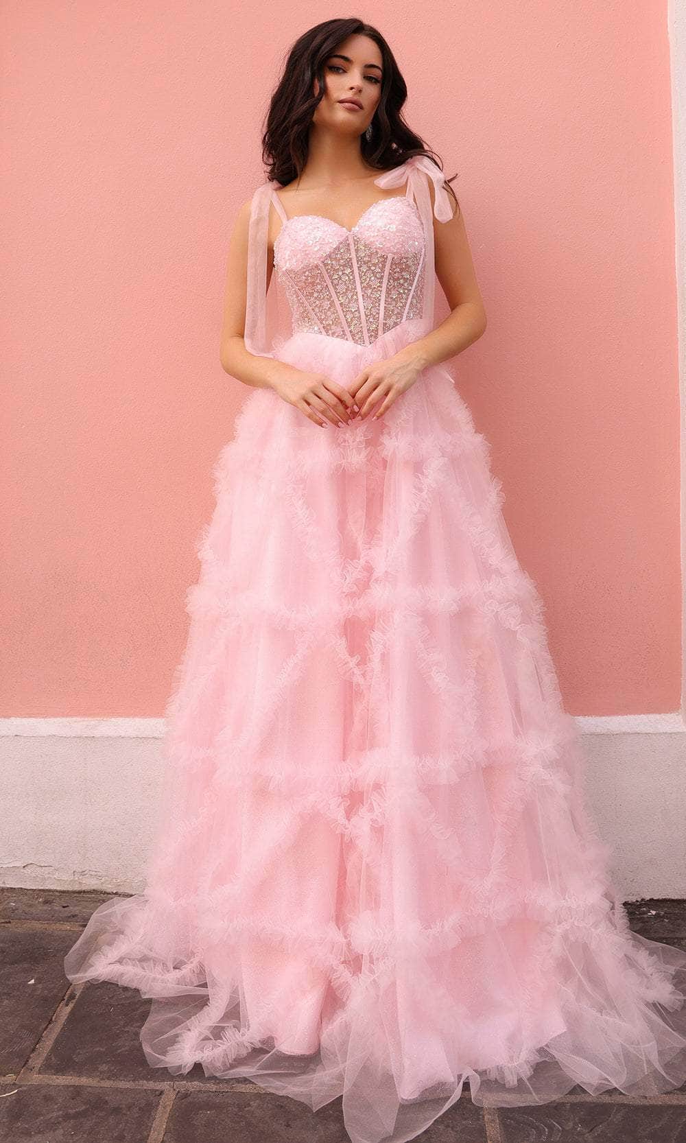 blush a line prom dress Long Pink A-Line Prom Dress with Multicolor Flowers Multi / 6