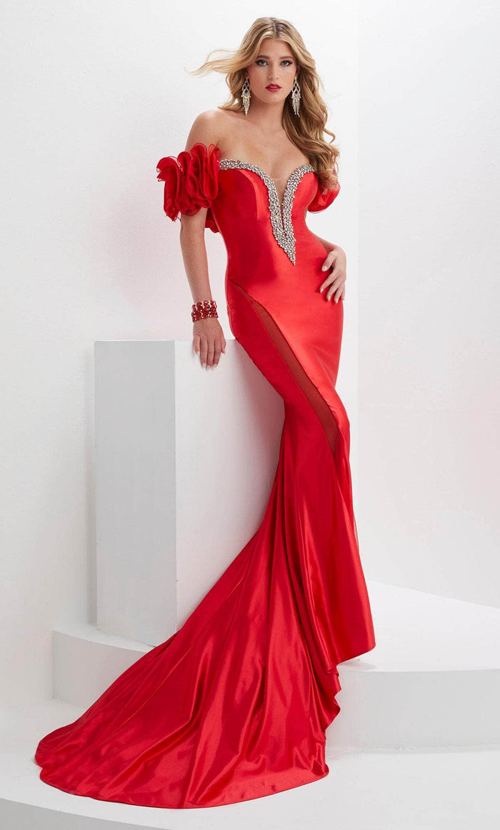 Panoply 14126 - Off Shoulder Ruffle Evening Gown Prom Dresses 0 / Red