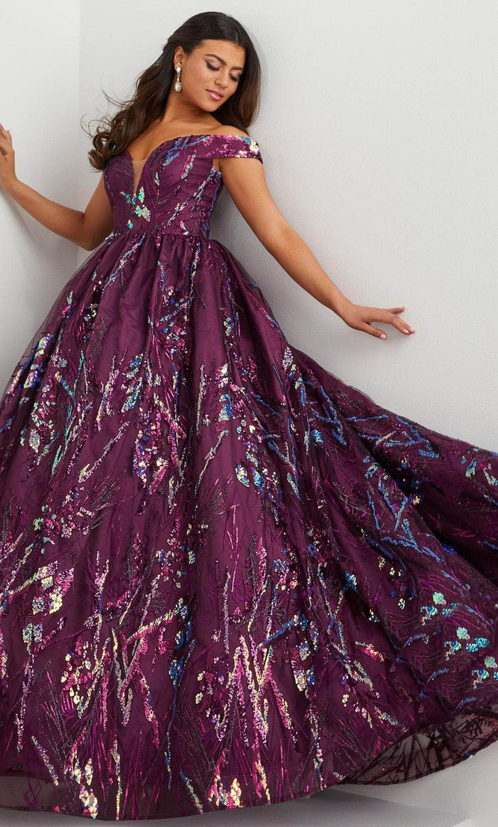 Panoply 14128 - Sequin Ornate Evening Ballgown Evening Dresses 0 / Merlot Multi