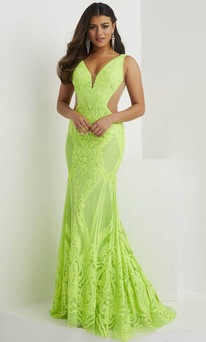 Panoply 14142 - Sequined V-Neck Evening Gown Evening Dresses 0 / Lime