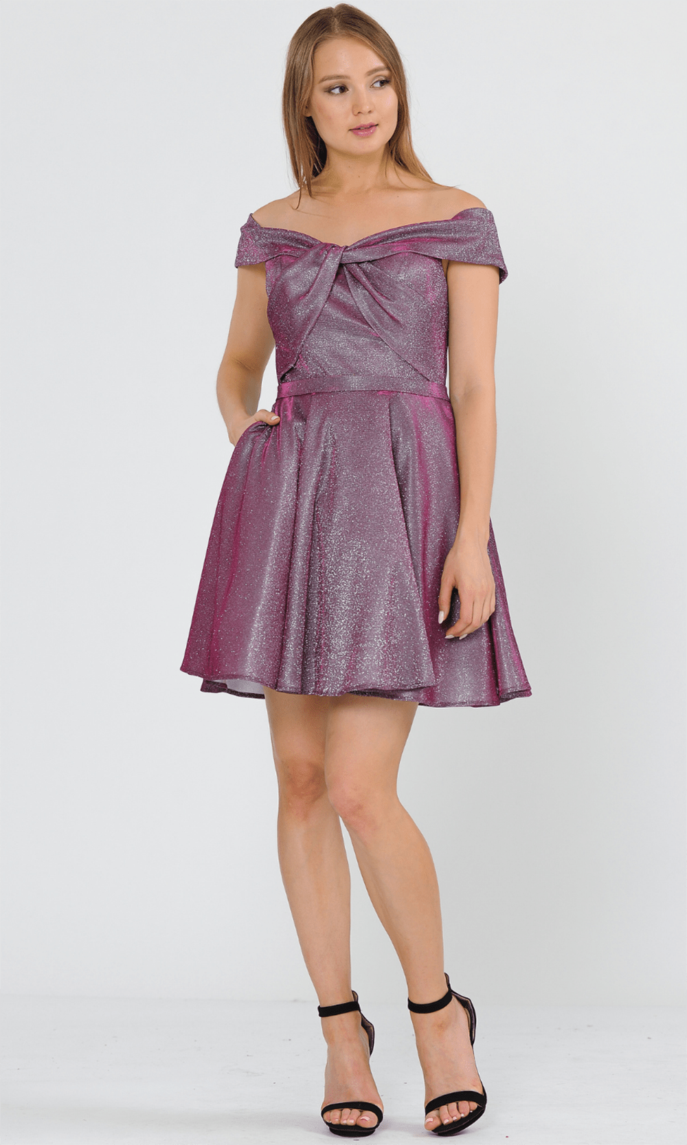 Poly USA 8356 - Off-Shoulder A-Line Cocktail Dress Couture Candy Poly USA 8356 - Off-Shoulder A-Line Cocktail Dress Couture Candy