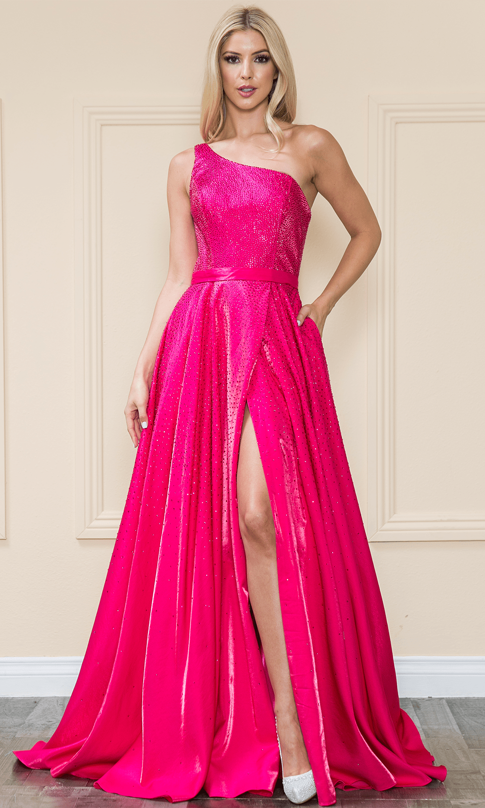 Poly USA 8920 - Beaded Asymmetrical Neck Long Gown Couture Candy Poly USA 8920 - Beaded Asymmetrical Neck Long Gown Couture Candy