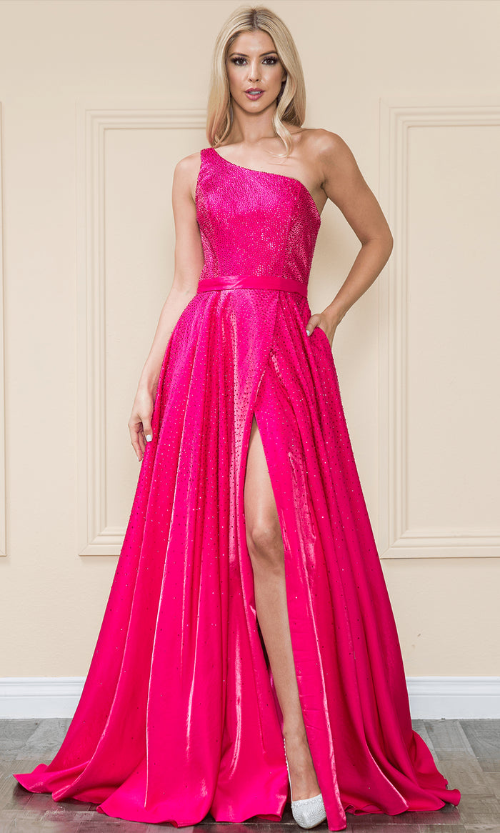 Poly USA 8920 - Beaded Asymmetrical Neck Long Gown Prom Dresses XS / Hot Pink