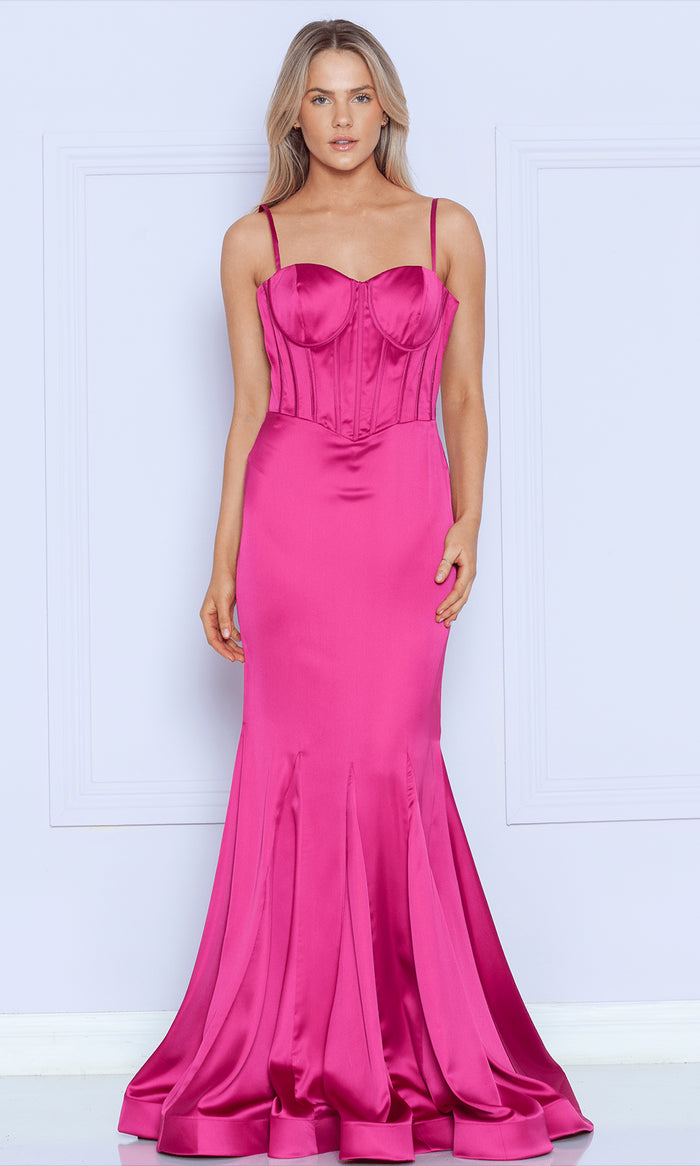 Poly USA 9008 - Sculpted Mermaid Satin Gown Evening Dresses XS / Fuchsia