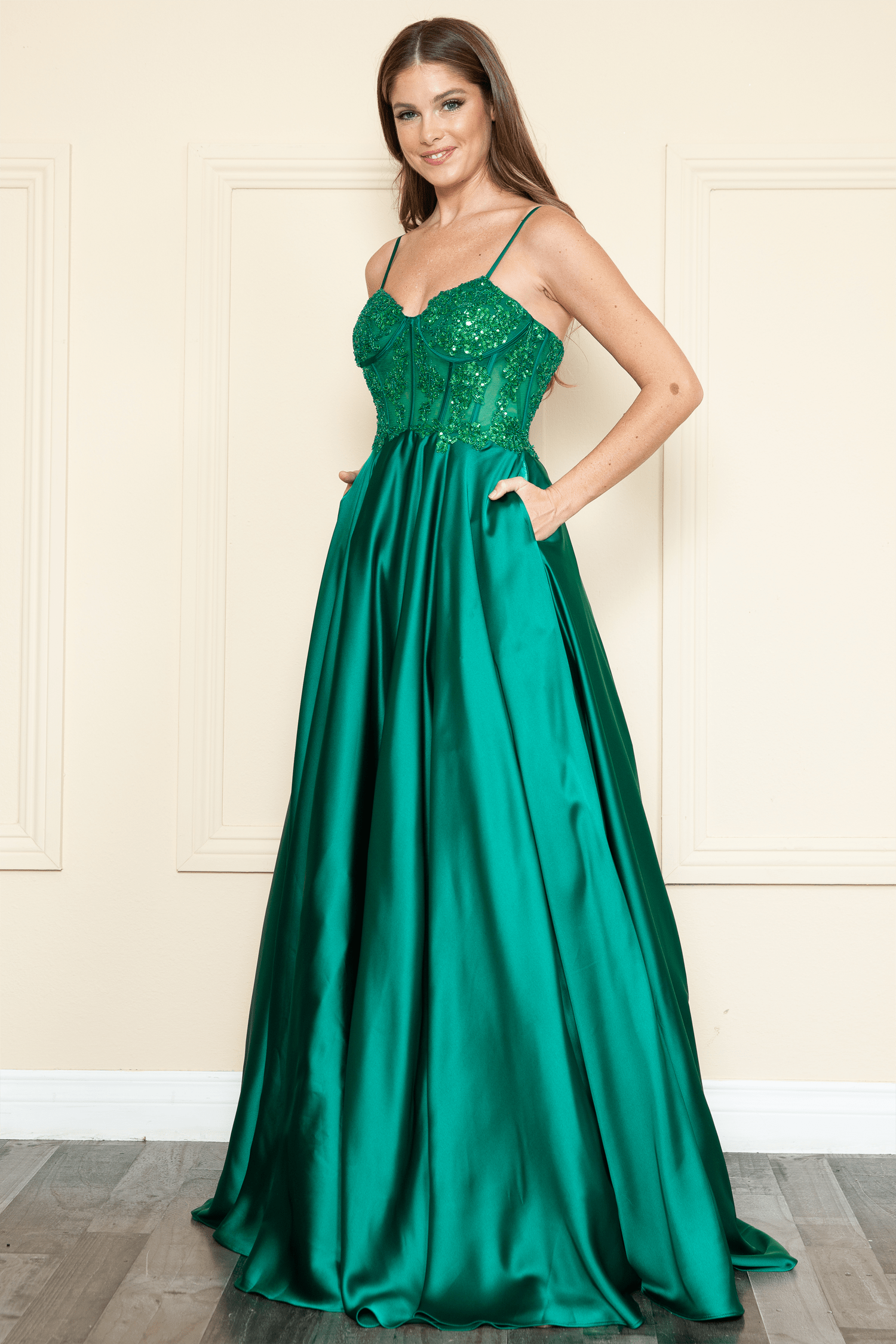 Poly USA 9126 Embroidered Satin Gown | FormalDressShops Light Emerald / S Poly USA 9126 Embroidered Satin Gown | FormalDressShops Light Emerald / S