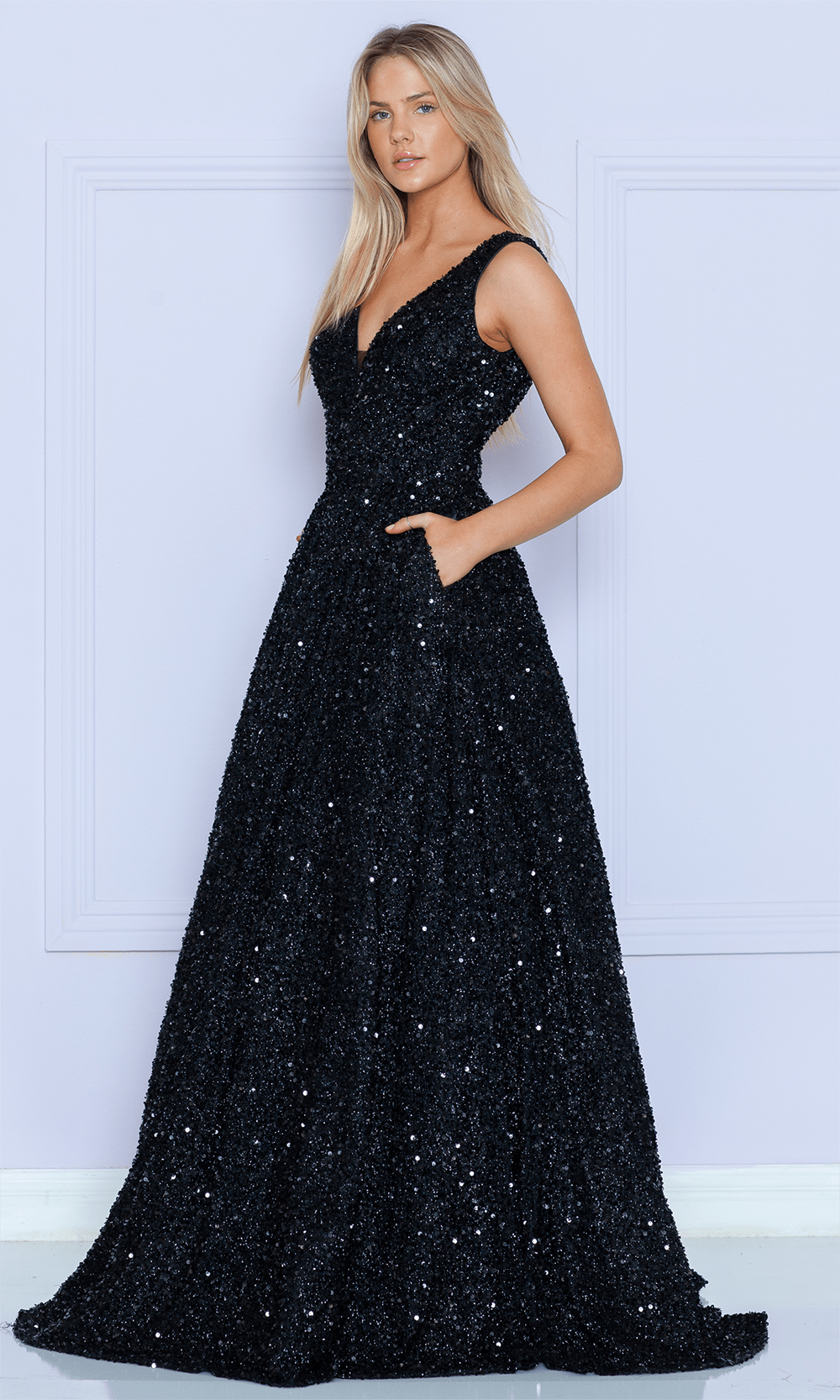 Poly USA 9168 Long Sequin V-Neck A-line Dress | FormalDressShops Lavender / S Poly USA 9168 Long Sequin V-Neck A-line Dress | FormalDressShops Lavender / S