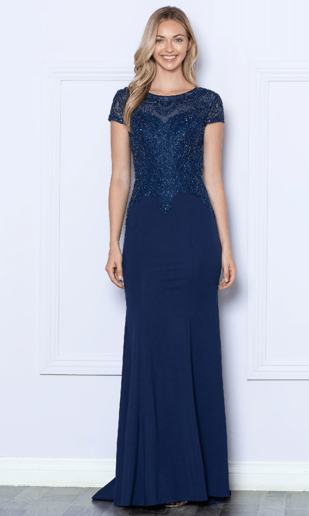 Poly USA 9320 Fitted Beaded Sheer Short Sleeve Gown | FormalDressShops Wine / XL Poly USA 9320 Fitted Beaded Sheer Short Sleeve Gown | FormalDressShops Wine / XL