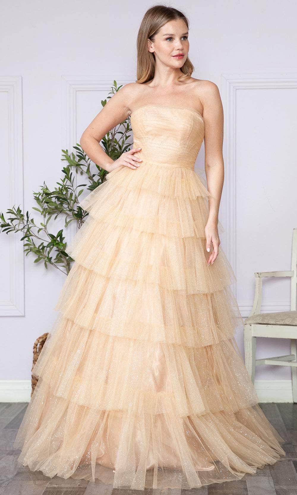Poly USA 9386 Tiered Strapless Glitter A-line Gown | FormalDressShops Champagne / M Poly USA 9386 Tiered Strapless Glitter A-line Gown | FormalDressShops Champagne / M