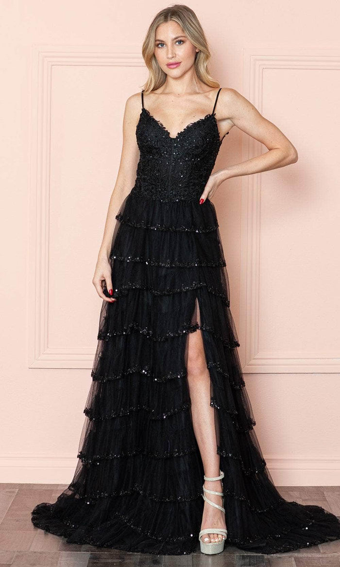 Poly USA 9404 - Sleeveless Tiered High Slit Prom Dress Prom Dresses XS / Black