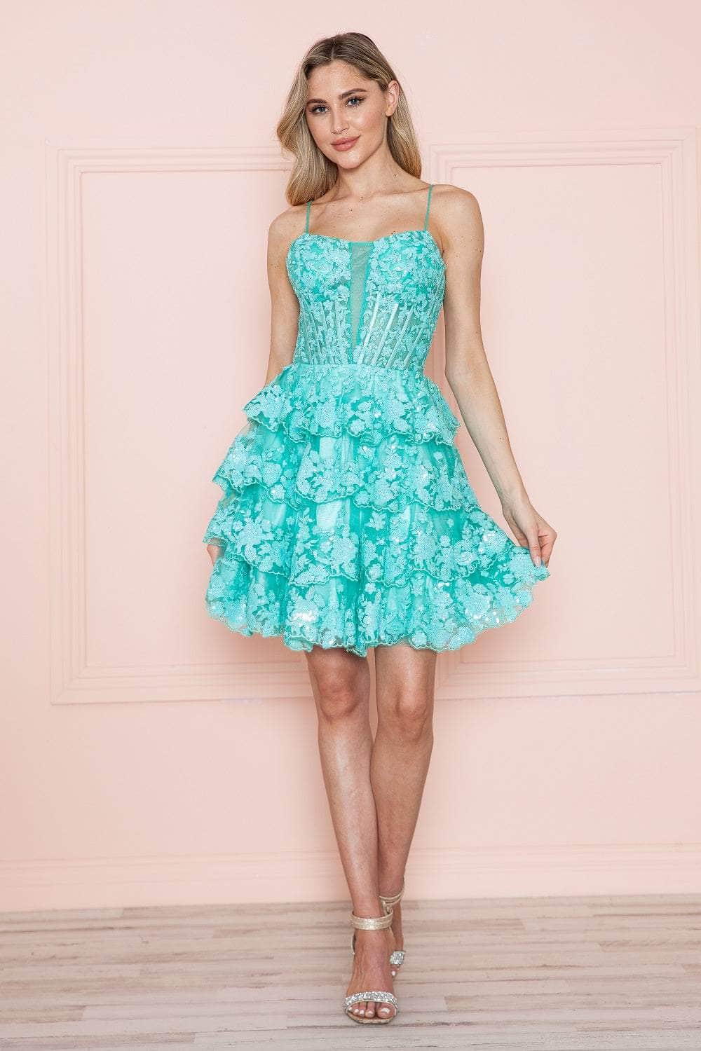 Poly USA 9468 Applique Short A-line Tiered Dress | FormalDressShops Light Green / 2XL Poly USA 9468 Applique Short A-line Tiered Dress | FormalDressShops Light Green / 2XL