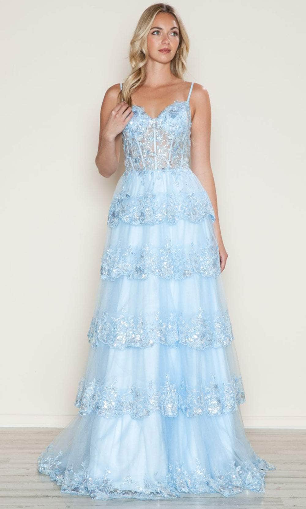 Glitter-Lace Long Prom Dress with Long Ruffled Skirt Blush / Small Glitter-Lace Long Prom Dress with Long Ruffled Skirt Blush / Small