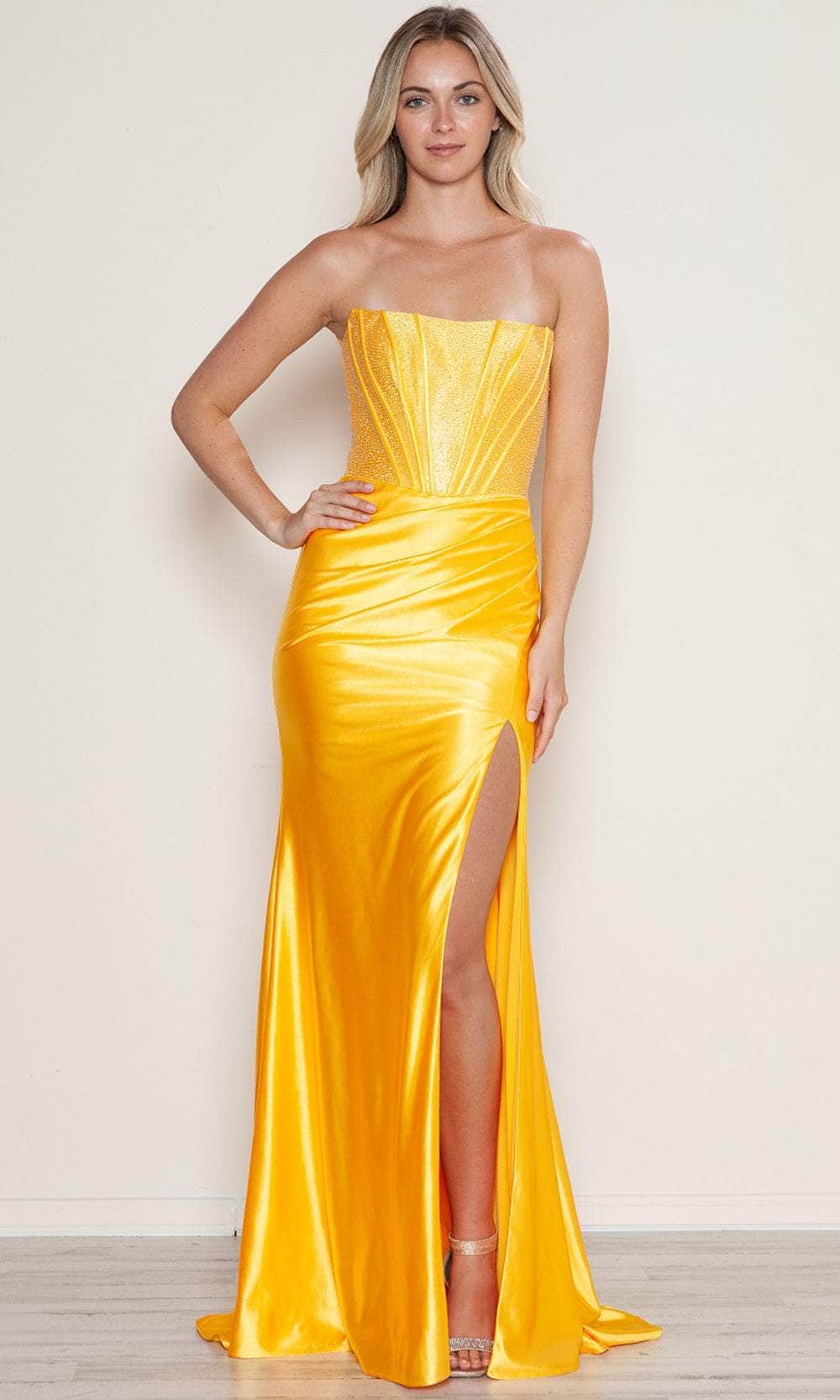 yellow corset prom dress Poly USA 9656 - Long Poly Span Satin Sheath Dress