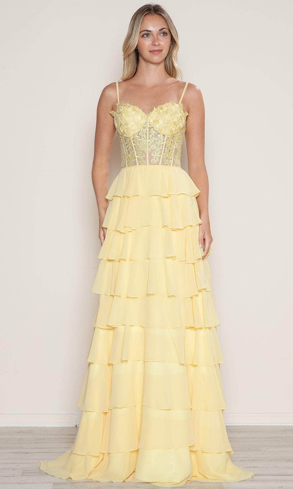 Poly USA 9698 Applique Chiffon A-line Tiered Gown | FormalDressShops Yellow / S Poly USA 9698 Applique Chiffon A-line Tiered Gown | FormalDressShops Yellow / S