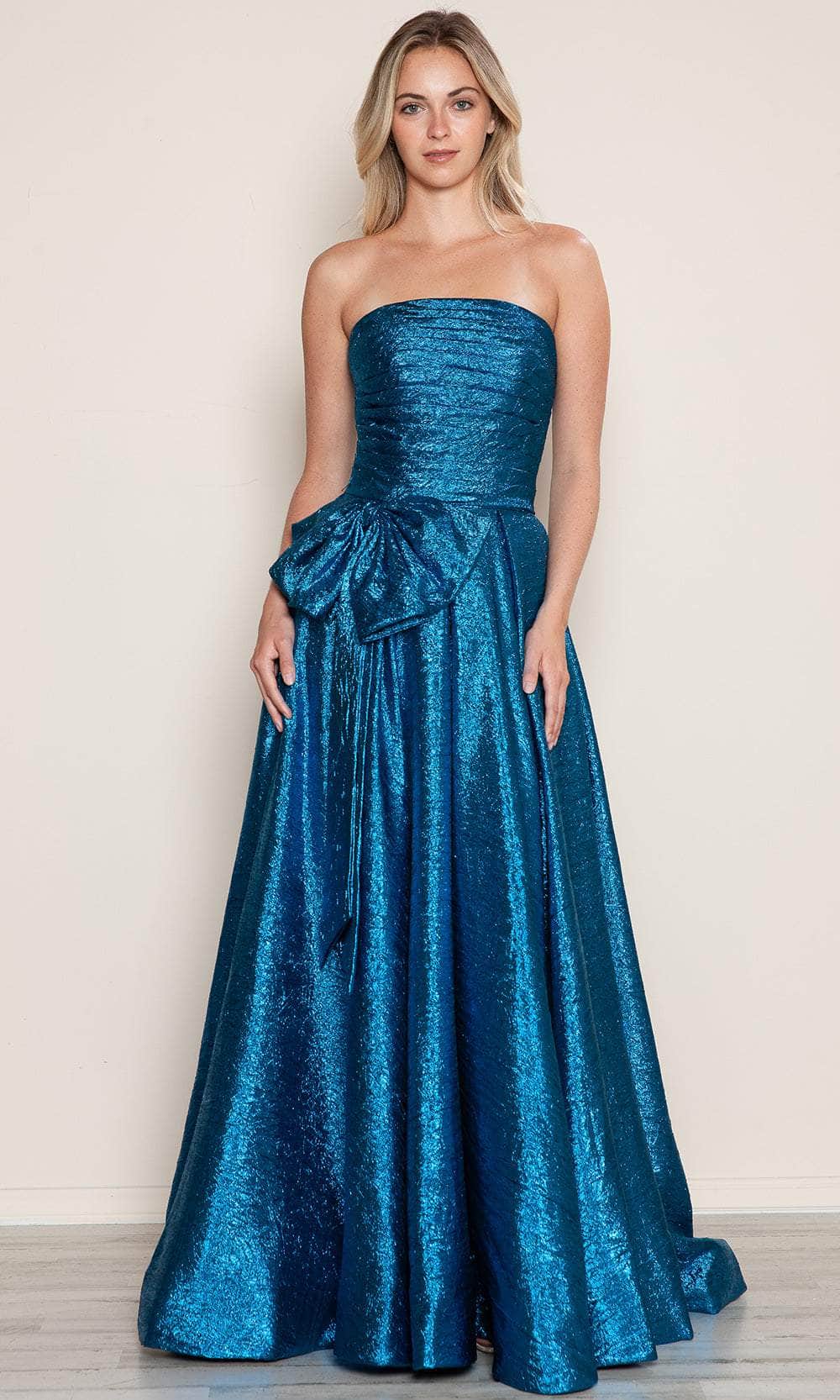 Poly USA 9720 - Long Metallic Taffeta A-Line Dress - Strapless, Ruched Top, Bow Accent, Pleated Skirt, Mid-Open Back, Concealed Zipper Closure, Sweep Poly USA 9720 - Long Metallic Taffeta A-Line Dress - Strapless, Ruched Top, Bow Accent, Pleated Skirt, Mid-Open Back, Concealed Zipper Closure, Sweep