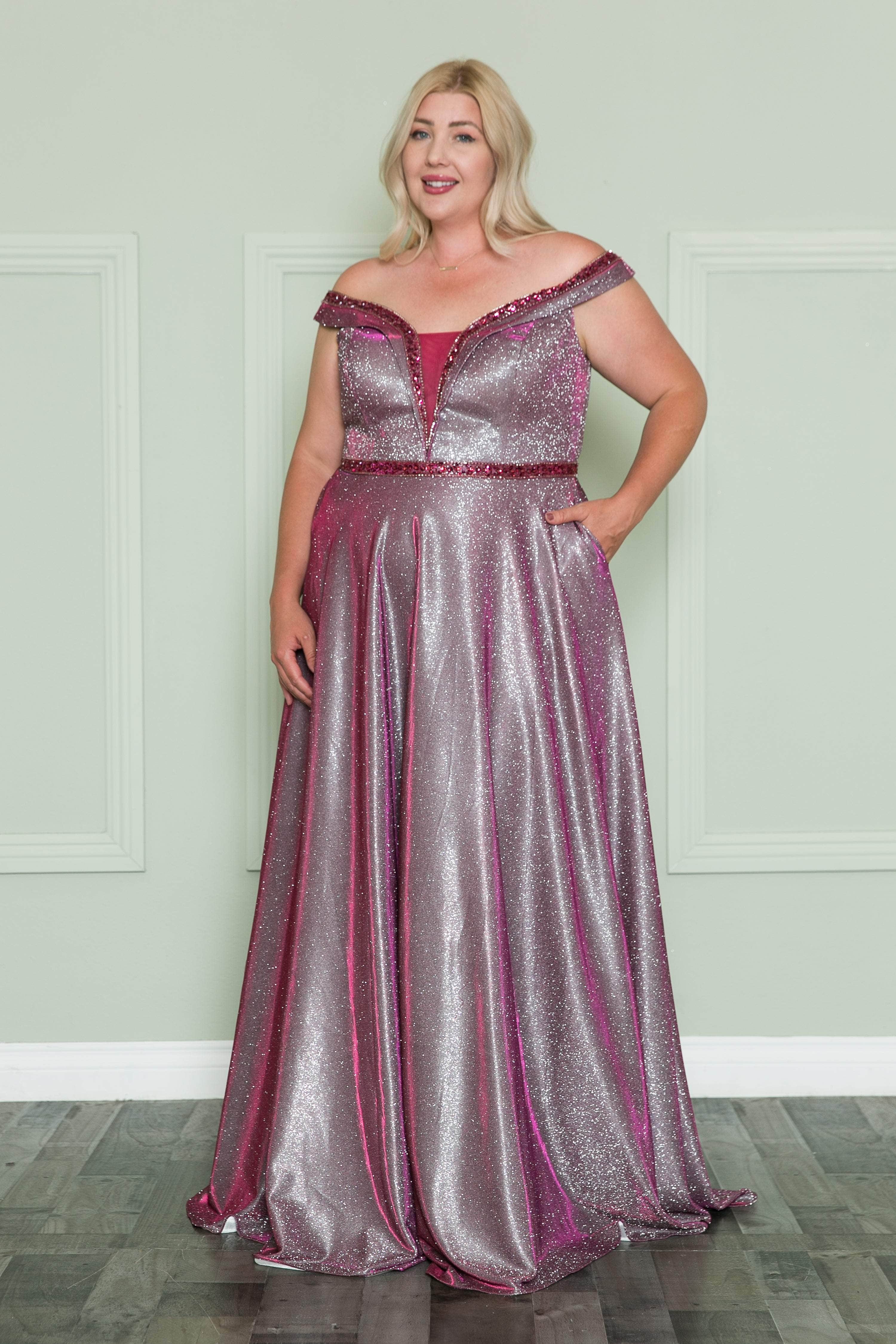 Poly USA W1096 Plus Size Off Shoulder Metallic Glitter Gown | FormalDressShops Magenta / 18W Poly USA W1096 Plus Size Off Shoulder Metallic Glitter Gown | FormalDressShops Magenta / 18W