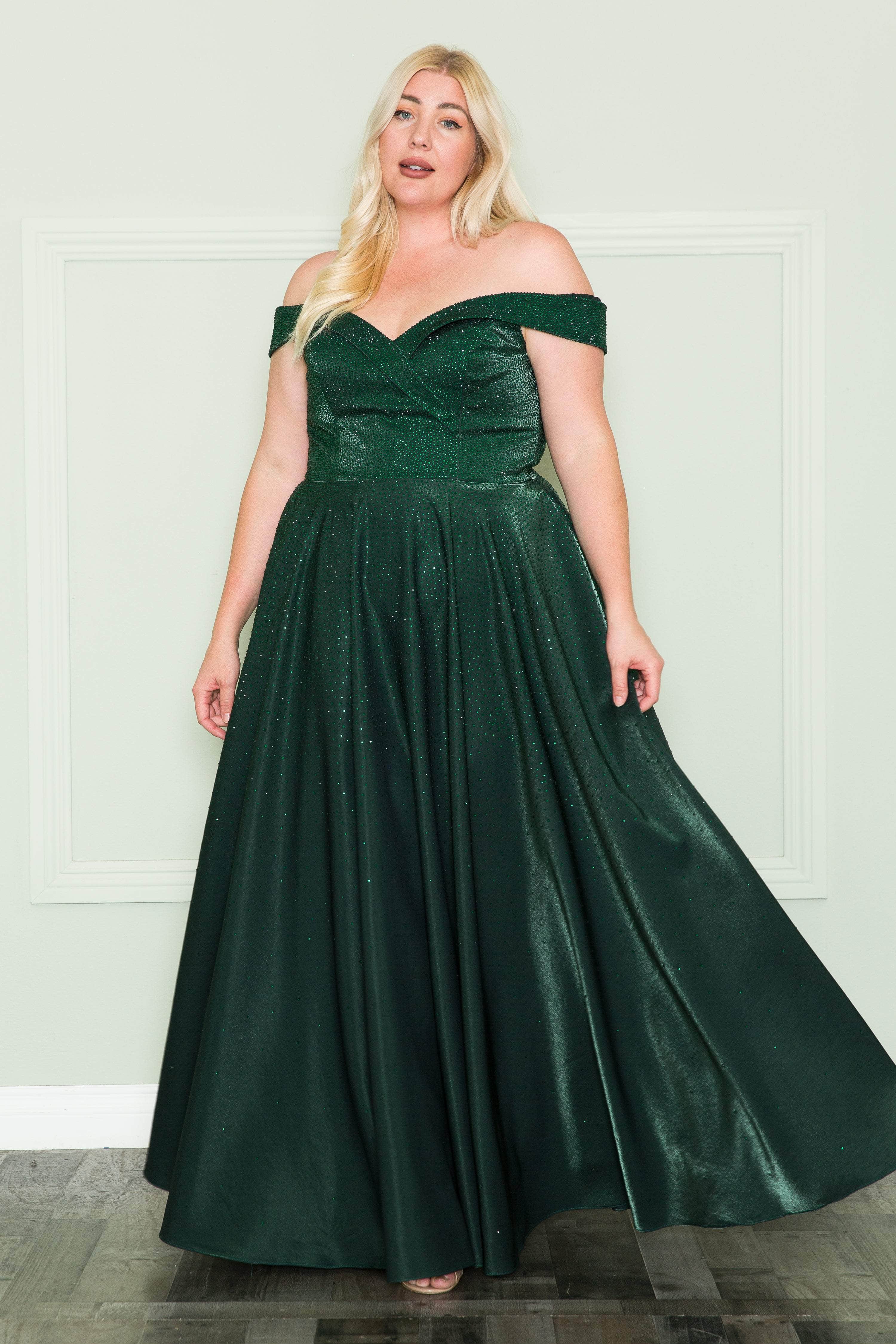 Poly USA W1112 Plus Size Rhinestone Off Shoulder Gown | FormalDressShops Emerald / 16W Poly USA W1112 Plus Size Rhinestone Off Shoulder Gown | FormalDressShops Emerald / 16W