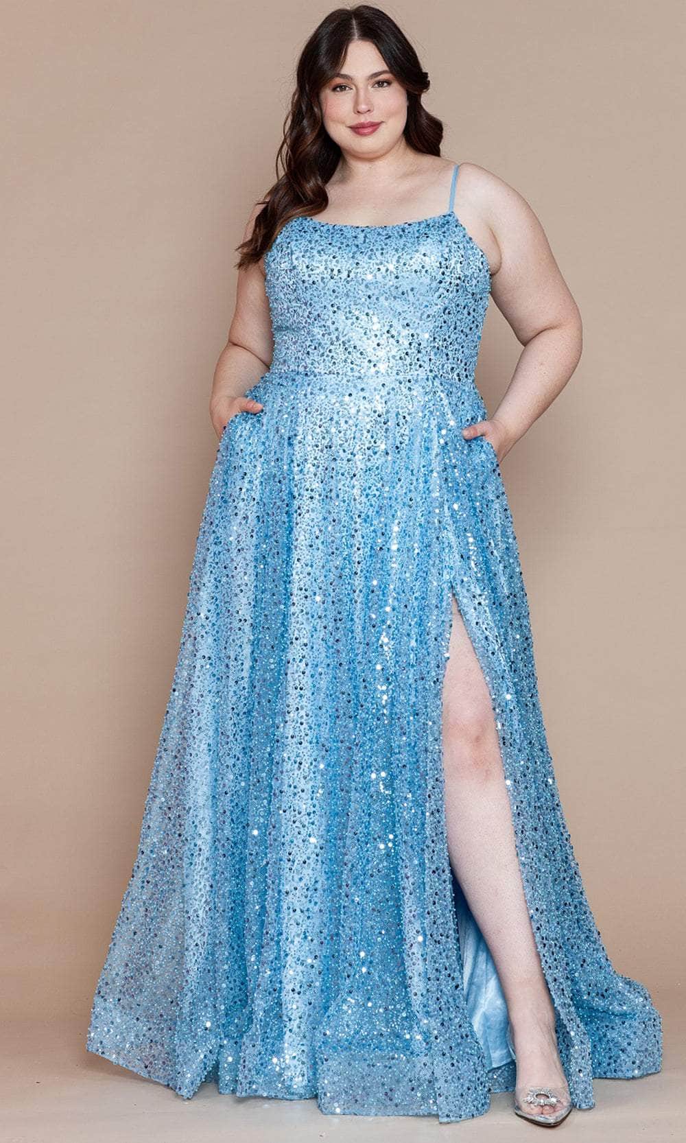 Poly USA W1142 Plus Size Sequin Sleeveless A-line Slit Gown | FormalDressShops Blue / 14W Poly USA W1142 Plus Size Sequin Sleeveless A-line Slit Gown | FormalDressShops Blue / 14W