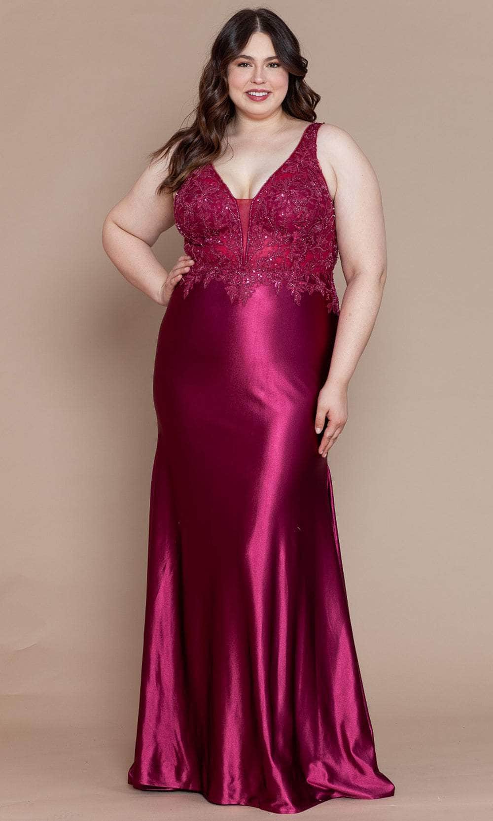 Poly USA W1160 Plus Size Fitted Embroidered V-Neck Gown | FormalDressShops Cherry Red / 24W Poly USA W1160 Plus Size Fitted Embroidered V-Neck Gown | FormalDressShops Cherry Red / 24W