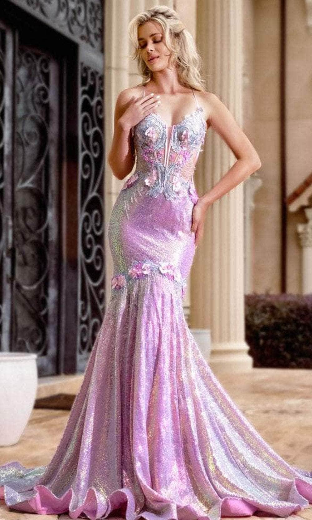 Portia and Scarlett PS24250 Floral Appliqued Iridescent Prom