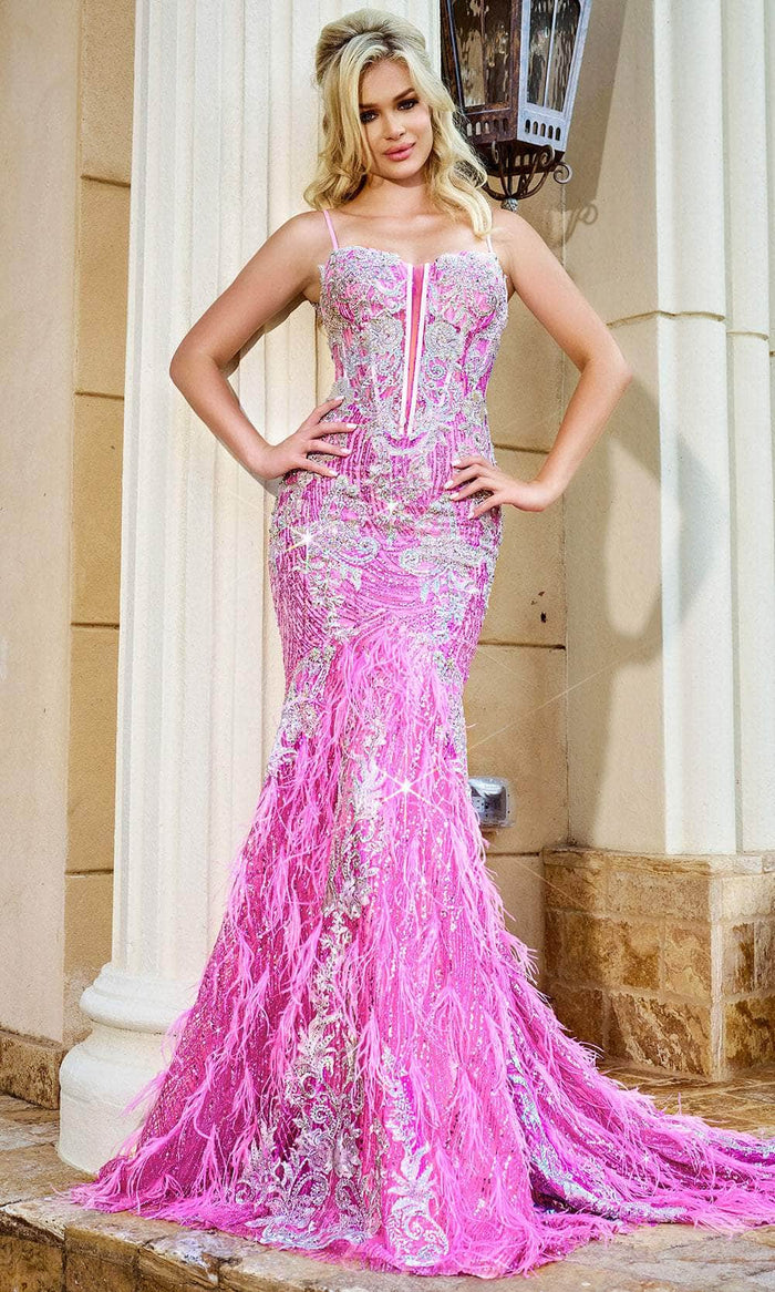 Portia and Scarlett PS24254 - Plunging Sweetheart Appliqued Prom Gown Special Occasion Dress 00 / Pink-Multi