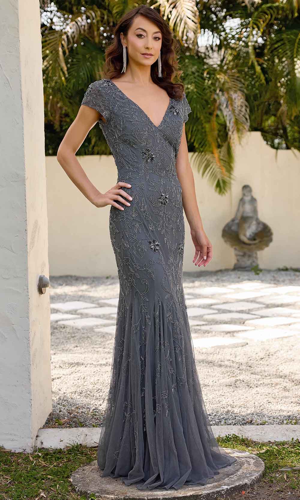 Primavera Couture 13133 - Long Mermaid Dress - Short Sleeves, Beaded Foliage Detail, V-Open Back, Zipper Closure, Godet, Sweep Train 4 / Slate Blue - Primavera Couture 13133 - Long Mermaid Dress - Short Sleeves, Beaded Foliage Detail, V-Open Back, Zipper Closure, Godet, Sweep Train 4 / Slate Blue -