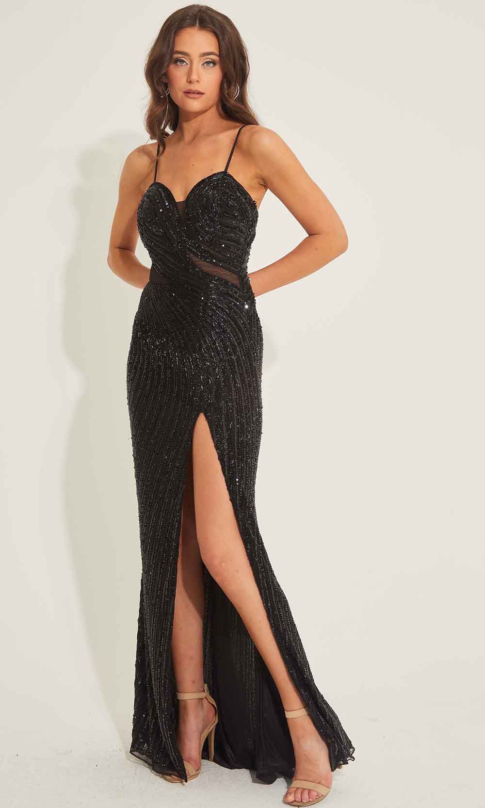 Primavera Couture 4327 - Long Sheath Dress - Allover Swirl Motif Sequins, Spaghetti Straps, Curved Cutout Accents, Midrise Back, Zipper Closure, High Primavera Couture 4327 - Long Sheath Dress - Allover Swirl Motif Sequins, Spaghetti Straps, Curved Cutout Accents, Midrise Back, Zipper Closure, High