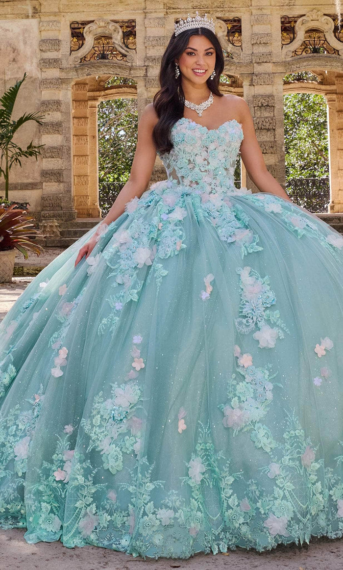 Princesa by Ariana Vara PR30133 - Strapless Floral-Detailed Volume Gown Special Occasion Dress 00 / Wintermint/Multi