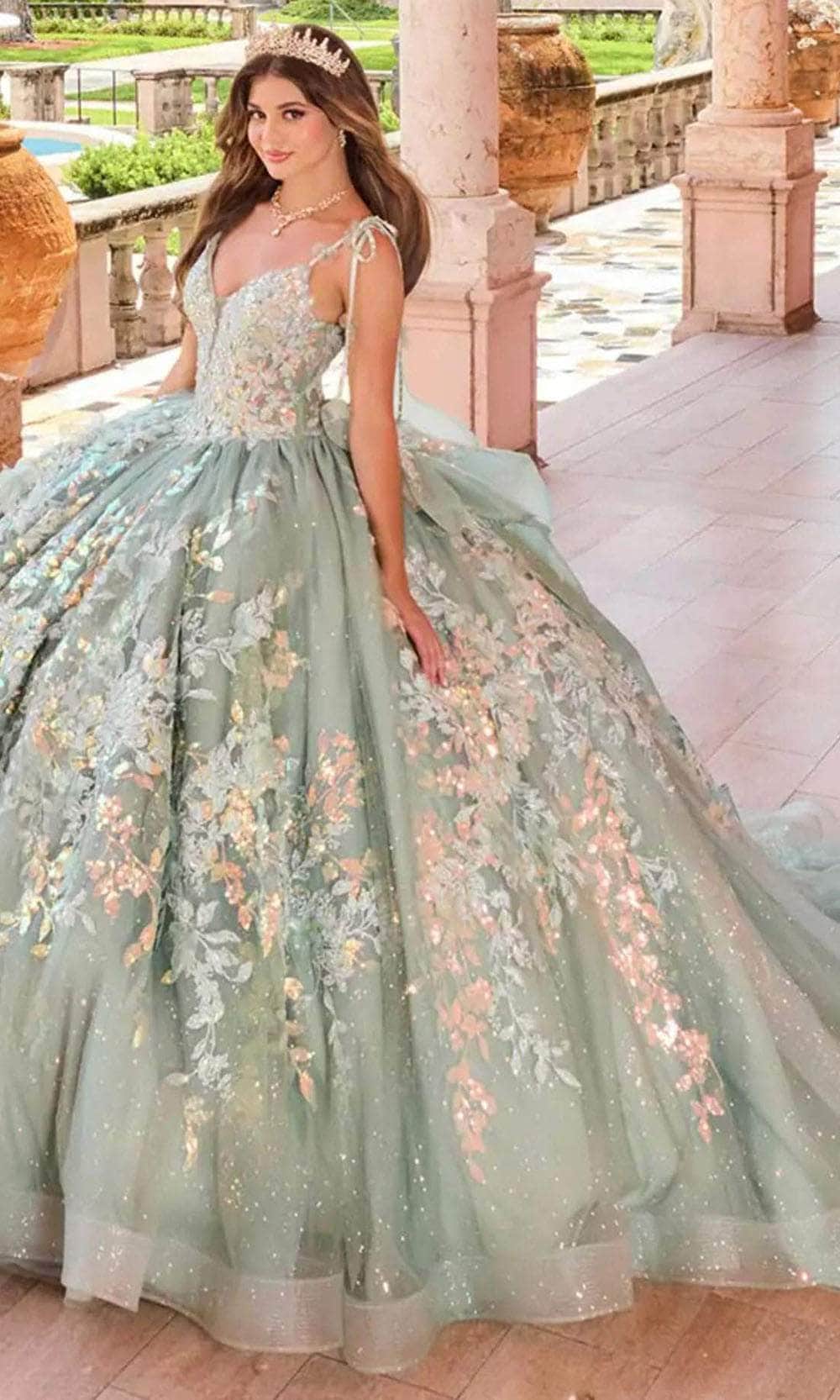 Princesa by Ariana Vara PR30157- Bow/Tie Straps Quince Gown Sage / 10 Princesa by Ariana Vara PR30157- Bow/Tie Straps Quince Gown Sage / 10
