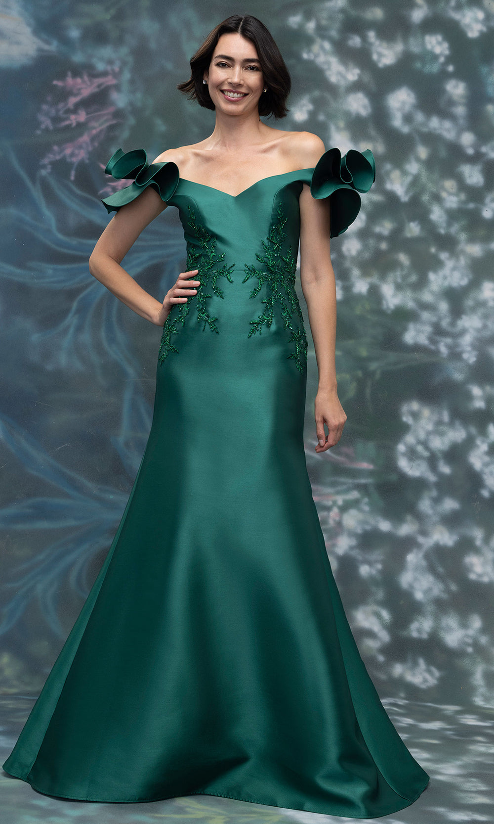 MGNY By Mori Lee 2070003 - Long Mikado Mermaid Dress - Off Shoulder Ruffle Sleeves, Beaded, Lace Applique, Back Zipper Closure, Full-Length Hem 14 / MGNY By Mori Lee 2070003 - Long Mikado Mermaid Dress - Off Shoulder Ruffle Sleeves, Beaded, Lace Applique, Back Zipper Closure, Full-Length Hem 14 /