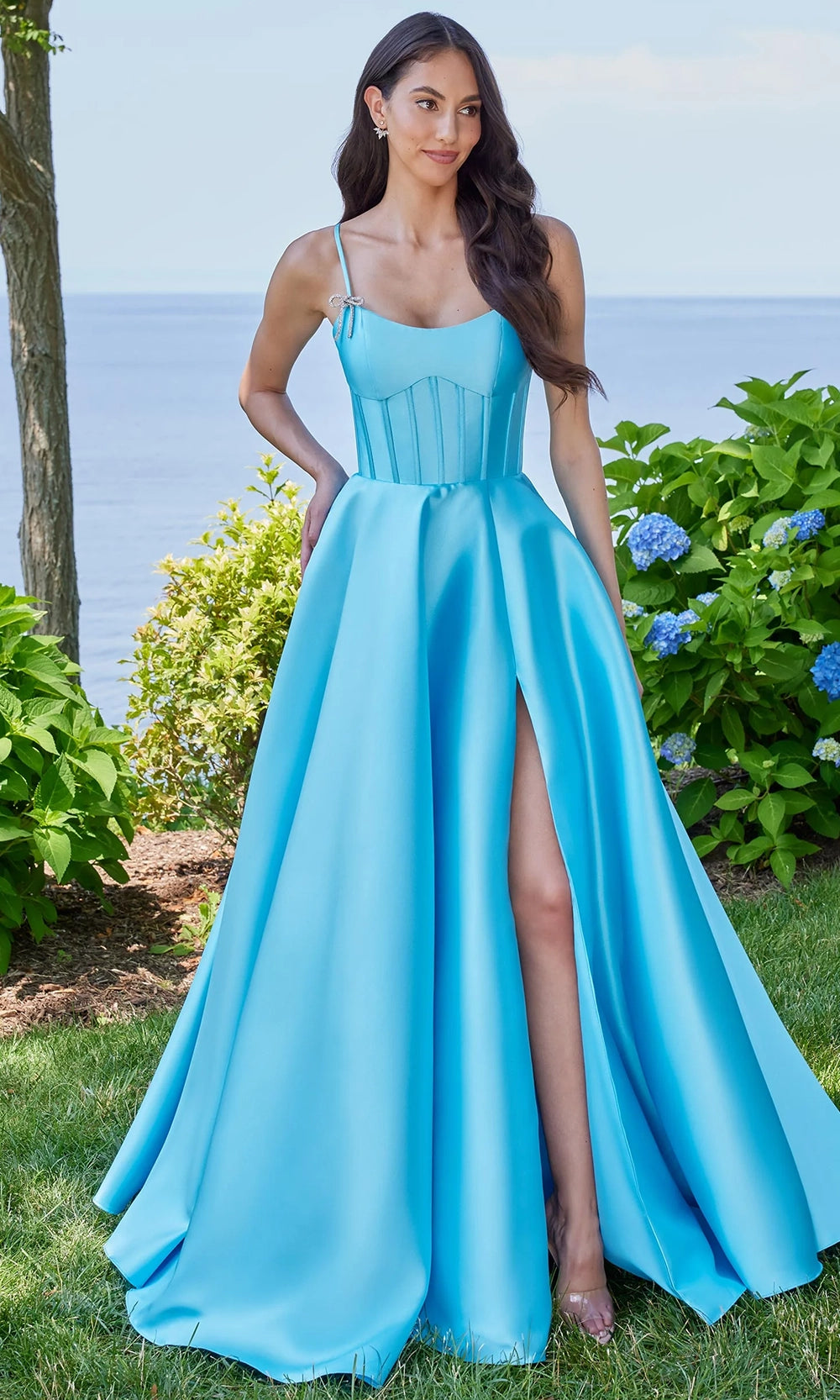 mori lee dresses Mori Lee 49315 - Long Mikado Ballgown Dress - Crystal Bows, Structured Corset Bodice, Spaghetti Straps, Front Slit, Scoop Back, Pockets 4 / Red