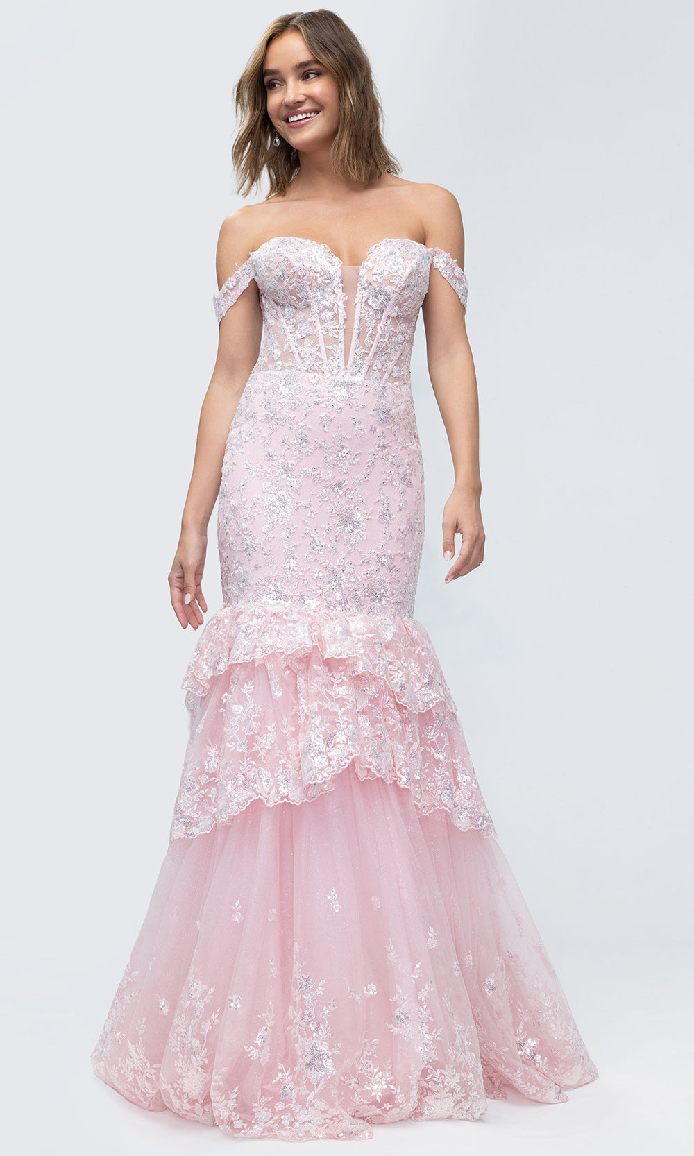 tiered mermaid prom dress Mori Lee 49274 - Long Glitter Tulle Mermaid Dress