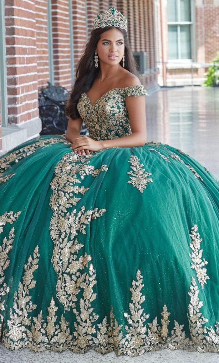 Quinceanera Collection 26048 - Beaded Floral Quinceanera Dress Quinceanera Dresses 0 / Hunter/Gold