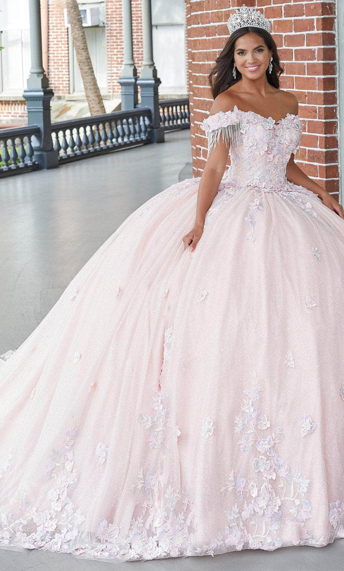 Quinceanera Collection 26051 - Fringe Off Shoulder Glittered Ballgown Ball Gowns 0 / Blush Pink