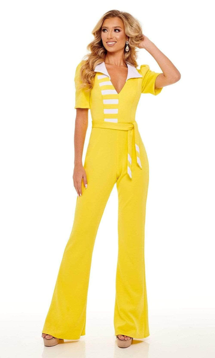 Rachel Allan - 50096 Collar Short Sleeve Jumpsuit Evening Dresses 2 / Yellow White