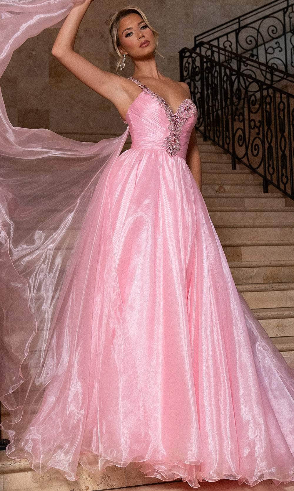 Rachel Allan 50342 - Long Organza, Crystal Beading A-line Dress - One Shoulder Strap, Floor-Sweeping Sash, Crystal Beaded, Ruched, High Slit Couture Candy Rachel Allan 50342 - Long Organza, Crystal Beading A-line Dress - One Shoulder Strap, Floor-Sweeping Sash, Crystal Beaded, Ruched, High Slit Couture Candy