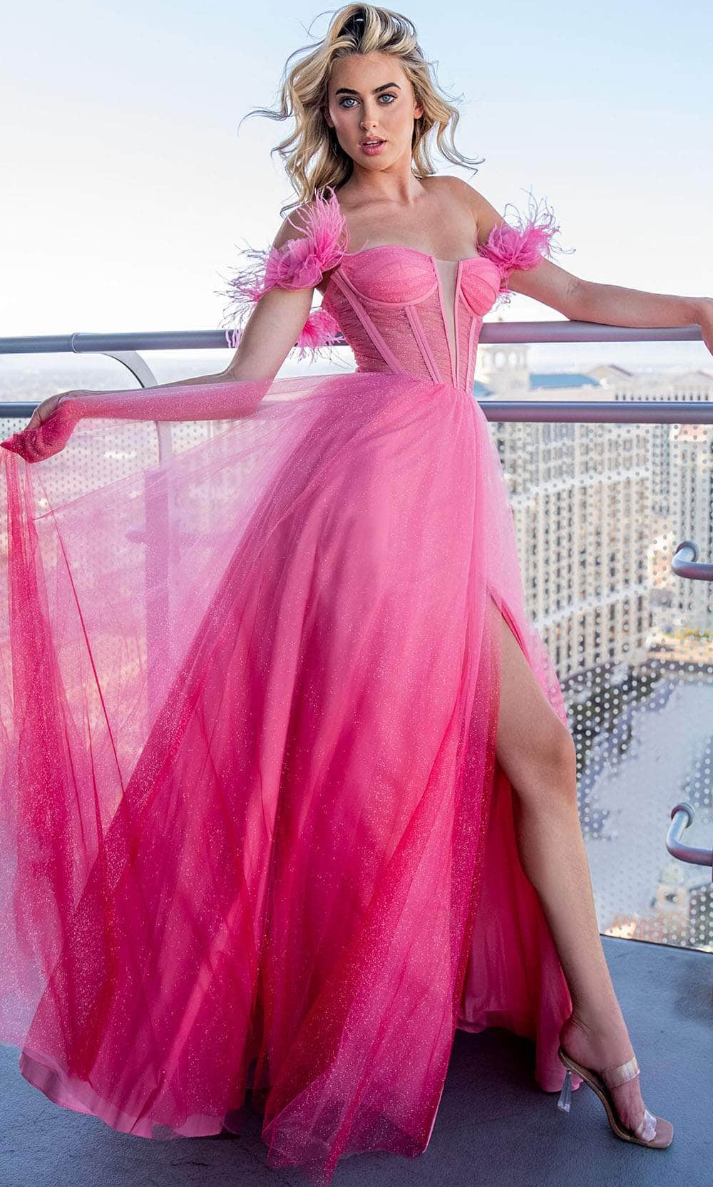 pink ruched corset dress Stacees 2026 Ruched Corset Floral Tiered Ruffle Slit Prom Dress with Detachable Straps