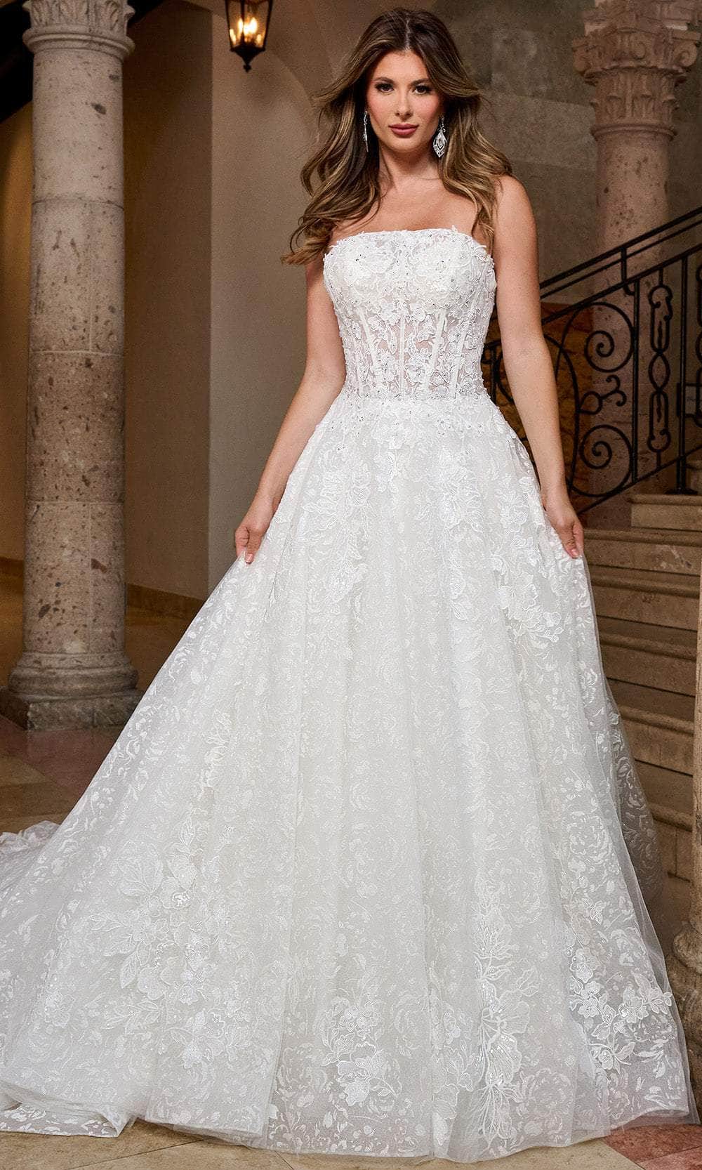 Rachel Allan RB5080 - Long Tulle, Glitter Tulle, Applique, Beading A-Line Dress - Sheer Corset Bodice, Strapless, Detachable Sheer Sleeves, Chapel Rachel Allan RB5080 - Long Tulle, Glitter Tulle, Applique, Beading A-Line Dress - Sheer Corset Bodice, Strapless, Detachable Sheer Sleeves, Chapel