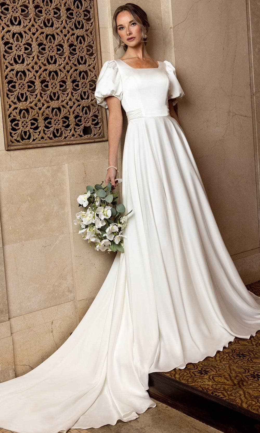 Rachel Allan RB7004 - Long Stretch Charmeuse A-Line Dress - Short Puff Sleeves, Self-Tie Belt, Covered Back Buttons, Chapel Train Couture Candy Rachel Allan RB7004 - Long Stretch Charmeuse A-Line Dress - Short Puff Sleeves, Self-Tie Belt, Covered Back Buttons, Chapel Train Couture Candy