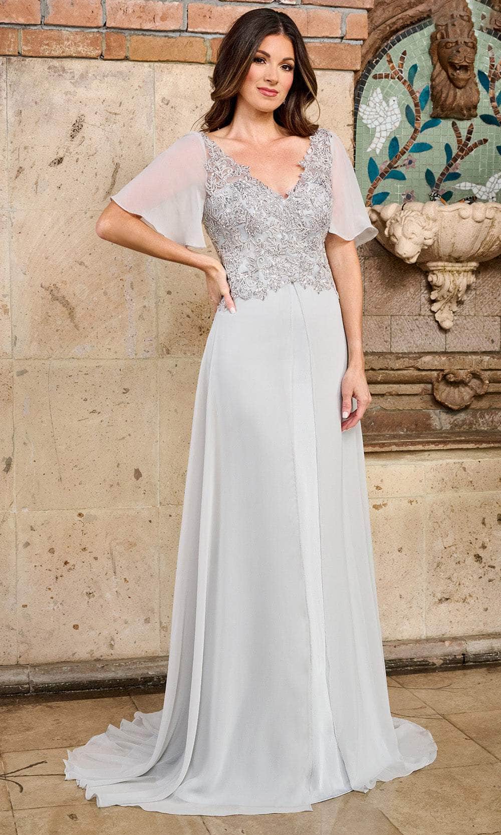 Rachel Allan RB8171 - Long Stretch Crepe, Chiffon, Beading A-Line Dress - Beaded Bodice, Short Flutter Sleeves, Flowing Chiffon Skirt, Split-Front Rachel Allan RB8171 - Long Stretch Crepe, Chiffon, Beading A-Line Dress - Beaded Bodice, Short Flutter Sleeves, Flowing Chiffon Skirt, Split-Front