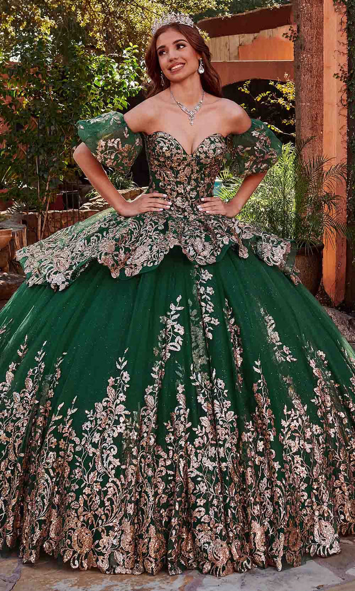 Rachel Allan RQ1114 - Strapless Ruffled Peplum Ballgown Ball Gowns 0 / Emerald Rose Gold