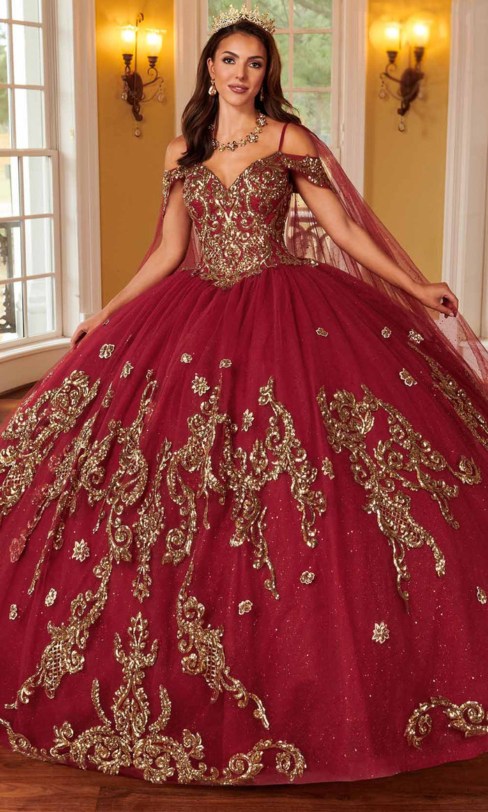 Rachel Allan RQ2164 - Sequined Lace Cold Shoulder Ballgown Ball Gowns 0 / Burgundy Gold