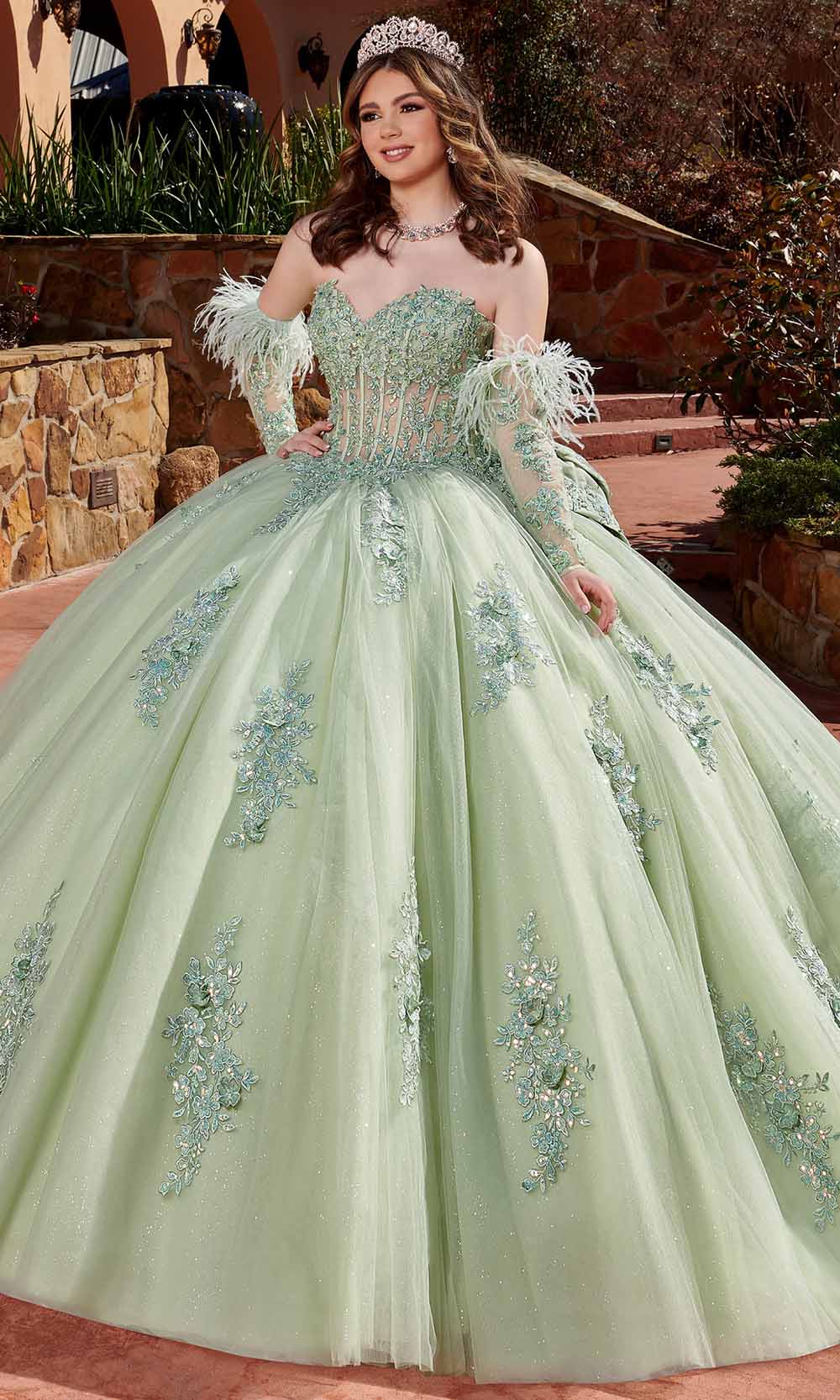 Sweetheart Floor-Length Glitter Tulle Quinceanera Ball Gown with Detachable Feather Sleeves Rachel Allan RQ2171 - Sage / 18 Sweetheart Floor-Length Glitter Tulle Quinceanera Ball Gown with Detachable Feather Sleeves Rachel Allan RQ2171 - Sage / 18