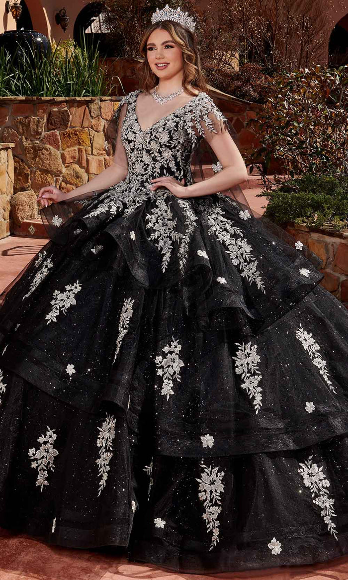 Rachel Allan RQ2173 - Floral Lace Tiered Ballgown Ball Gowns 0 / Black Silver