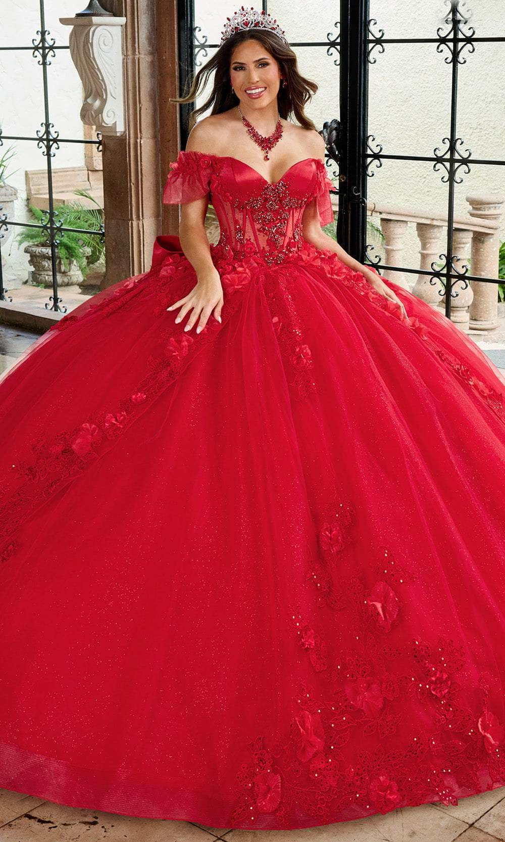 rachel allan dresses 7209 Burgundy Shimmer 2 Piece Dress Burgundy / 12 This is a fitted long formal gown designed to contour the body with stretch and surface detail Floral Strapless Quinceanera Dress by