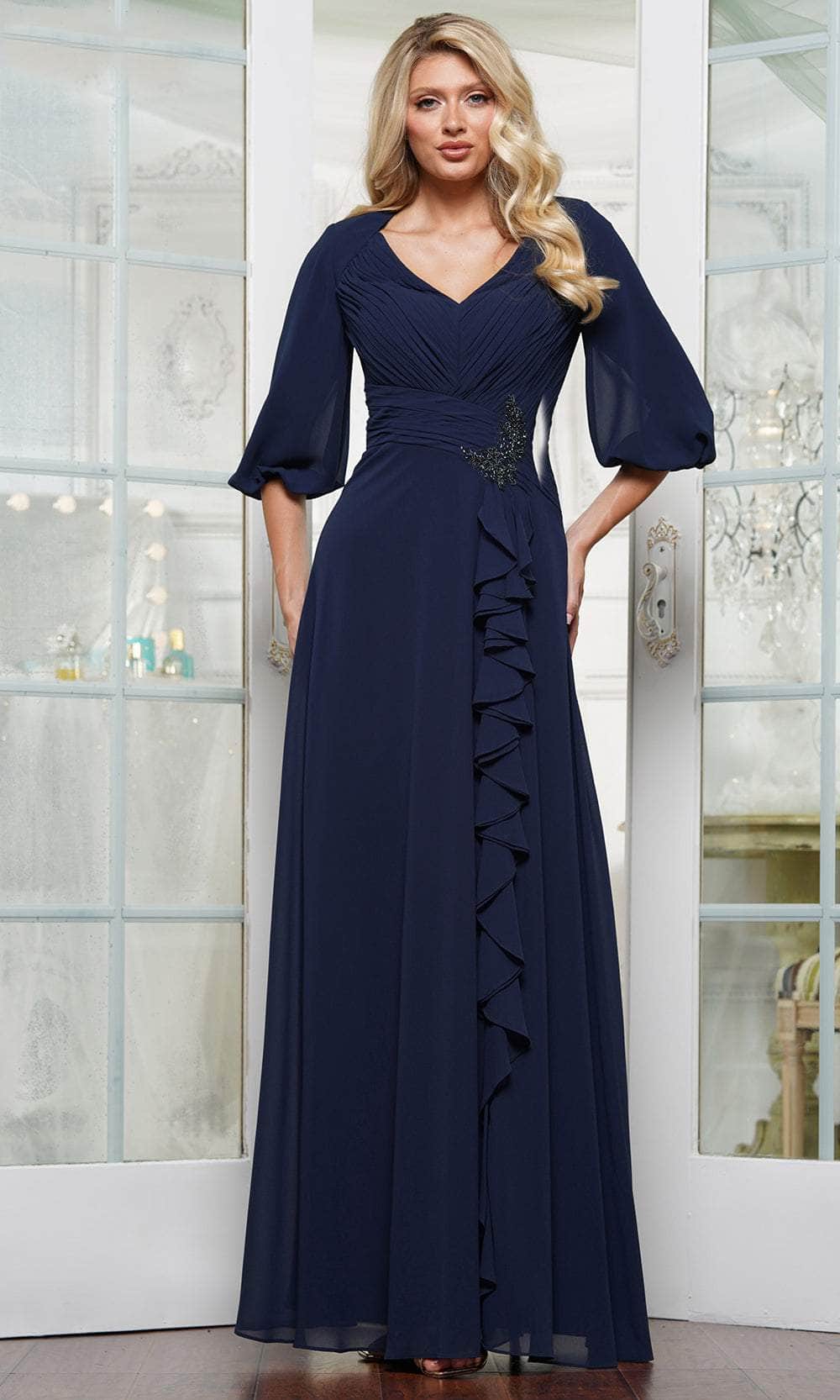 Rina Di Montella RD3119 - Long Chiffon A-Line Dress - Puff Quarter-Length Sleeve, Ruched Top, Wide Waistband, Cascading Ruffles, Beaded, Full Back Couture Candy Rina Di Montella RD3119 - Long Chiffon A-Line Dress - Puff Quarter-Length Sleeve, Ruched Top, Wide Waistband, Cascading Ruffles, Beaded, Full Back Couture Candy