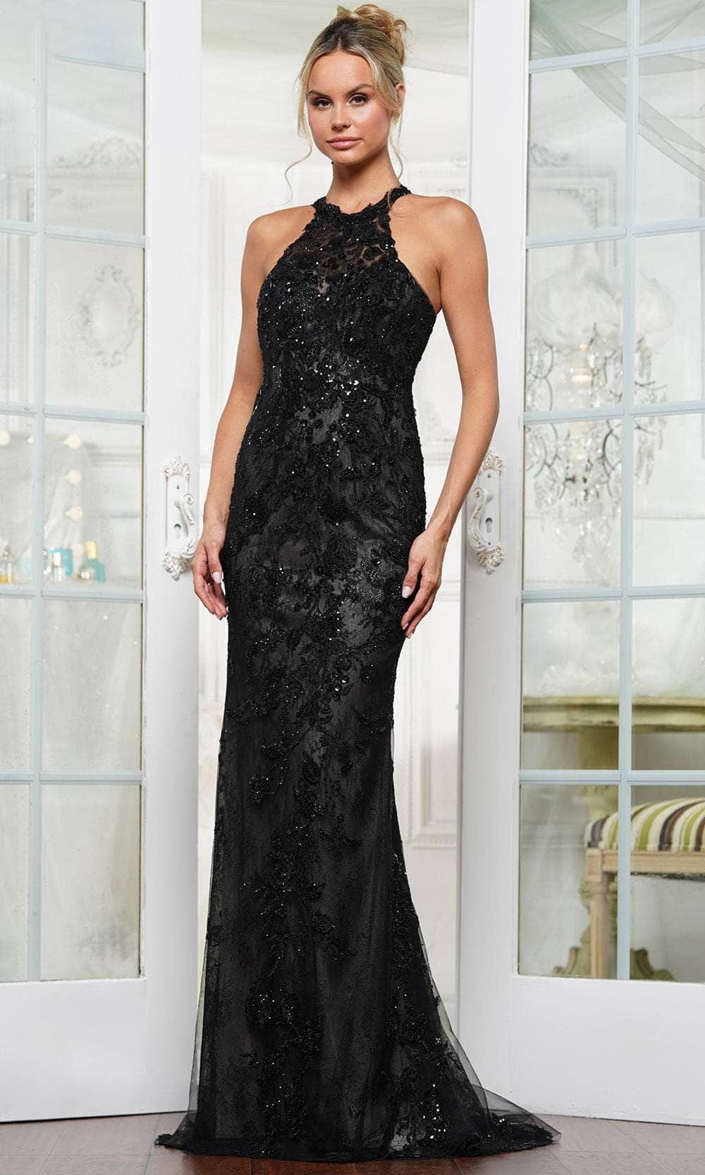 prom dresses with high neckline Neck Two-piece Black Lace & Satin Dress Unique high neck lace long