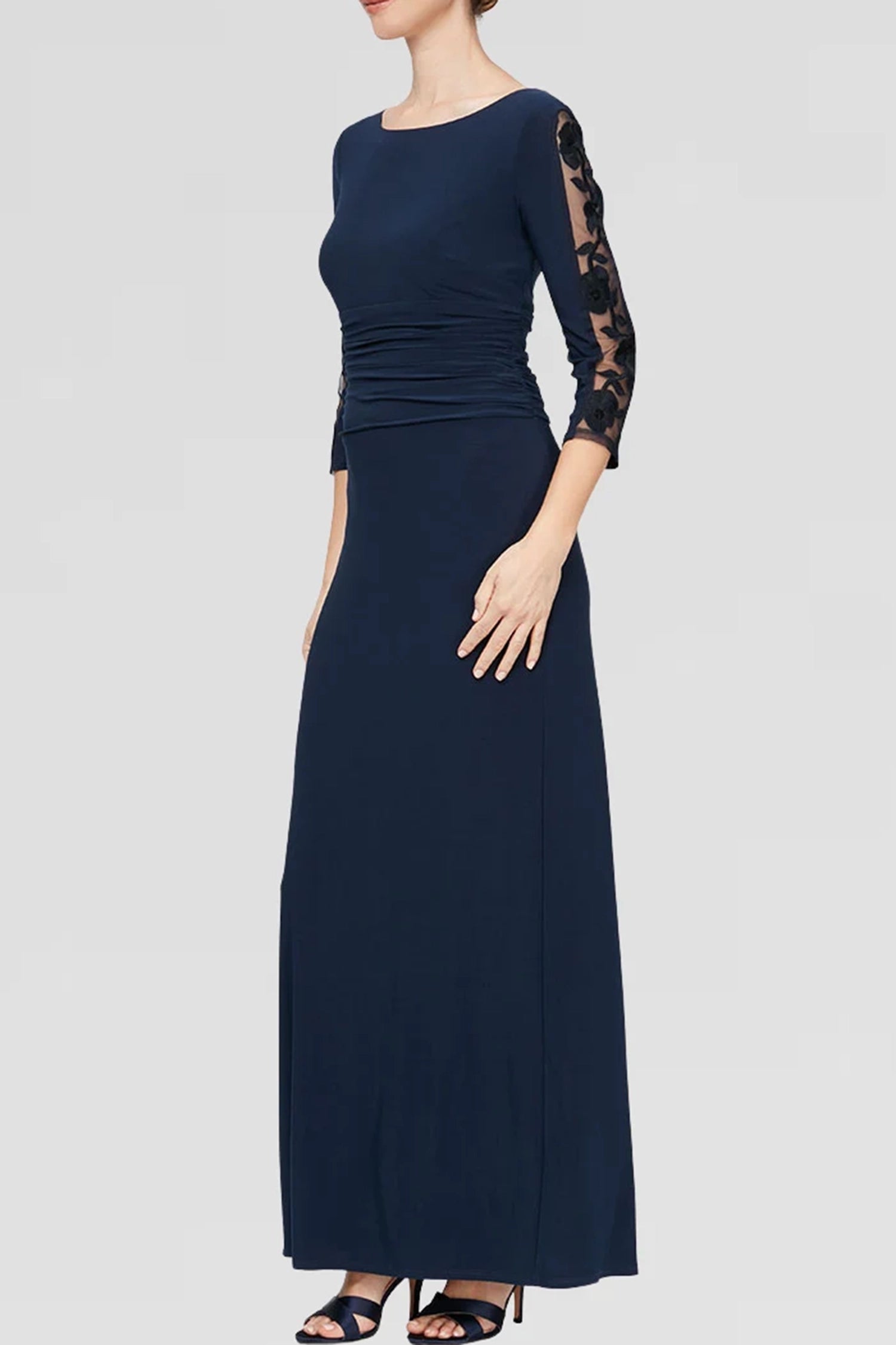 sl fashions formal dresses Petite Embroidered Ruched Gown - Navy elegant profile
