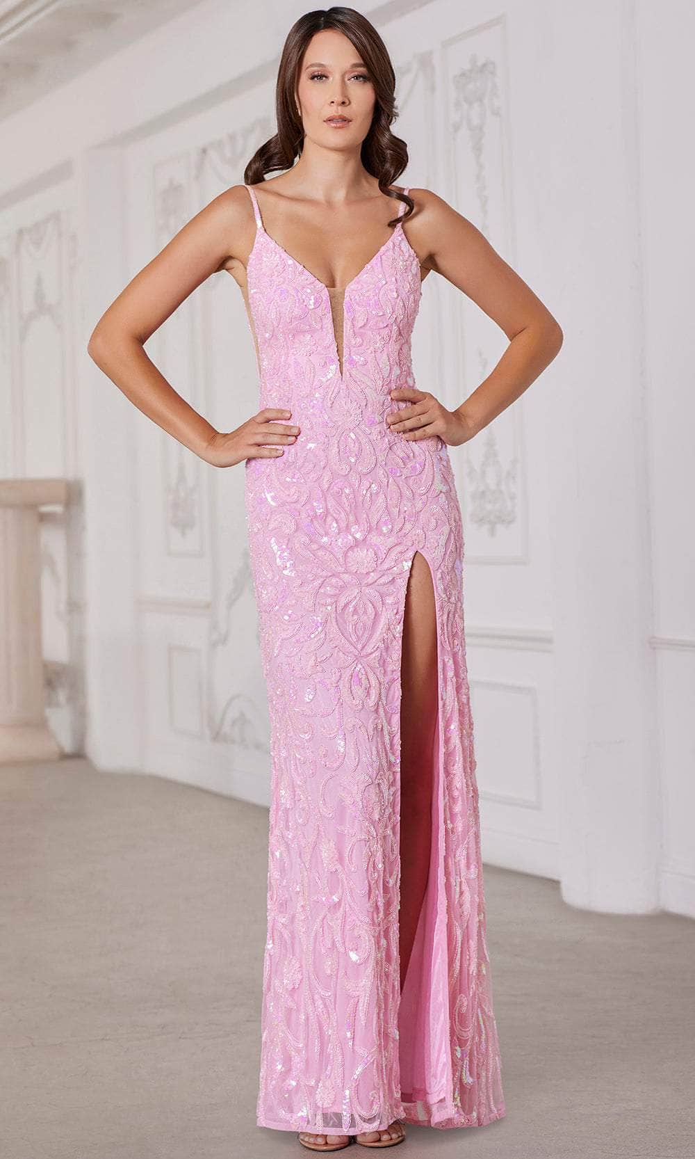 SCALA 80106 - Plunging Neckline Beaded Evening Dress SCALA 80106 - Plunging Neckline Beaded Evening Dress