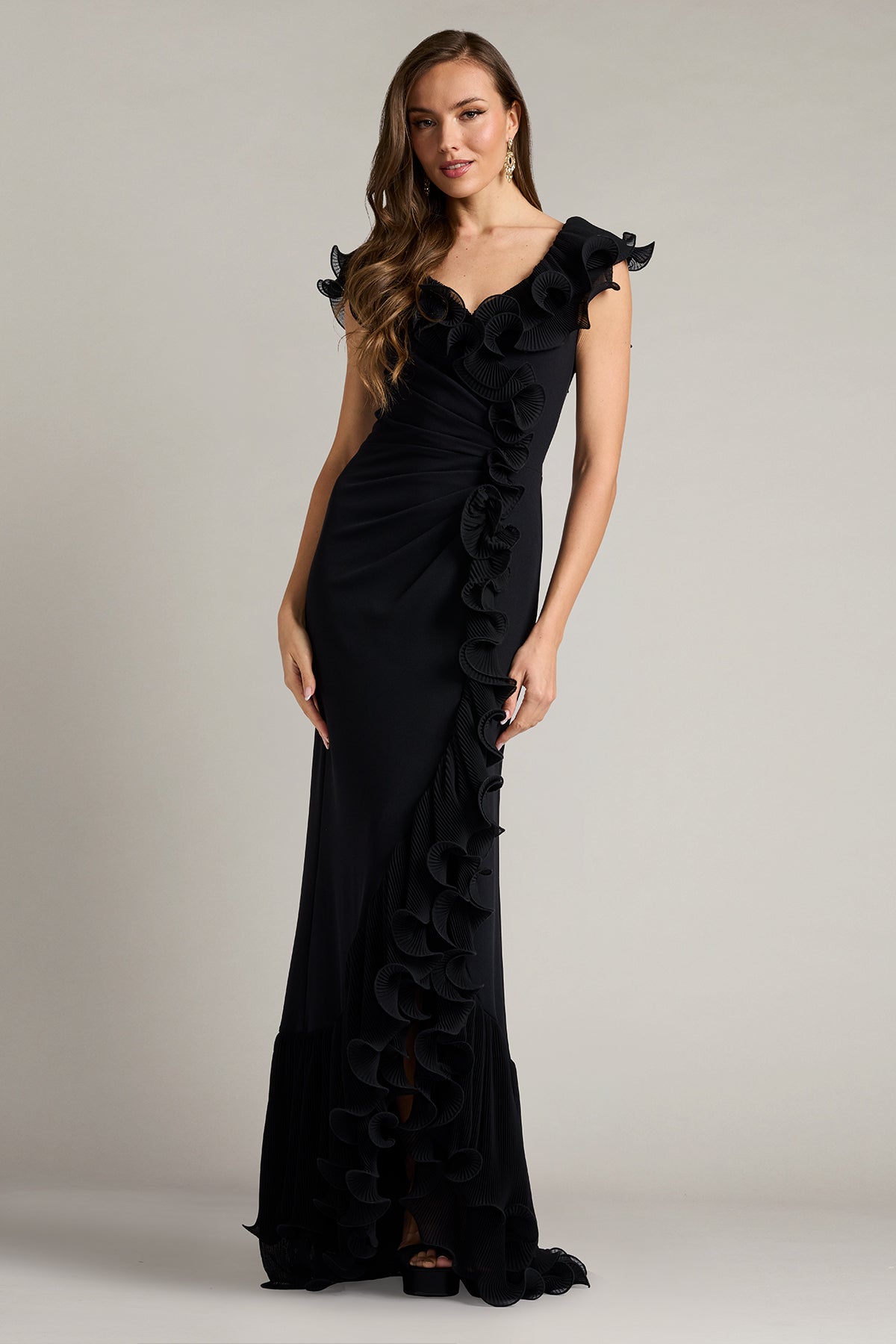 tadashi shoji ruched dress Tadashi Shoji Sagamore Ribbon Flower Embellished Gown